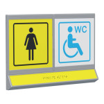 Пиктограмма тактильная, модульная "Женский общественный туалет с кабиной доступной для инвалидов на кресле-коляске", с наклонным полем, двухсекционная, М12