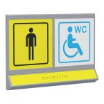 Пиктограмма тактильная, модульная "Мужской общественный туалет с кабиной доступной для инвалидов на кресле-коляске", с наклонным полем, двухсекционная, М13